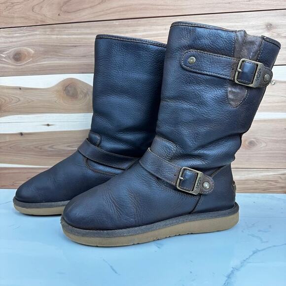 UGG Kensington Women's Boots Moto Biker Brown Leather Sheep Skin Lined Women's 6 - Picture 1 of 6